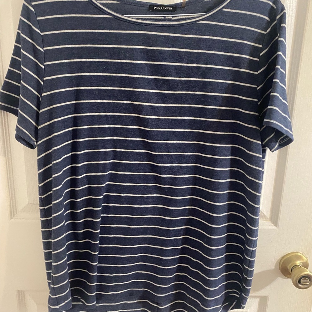 Pink Clover Blue and White Striped Short Sleeve Tee